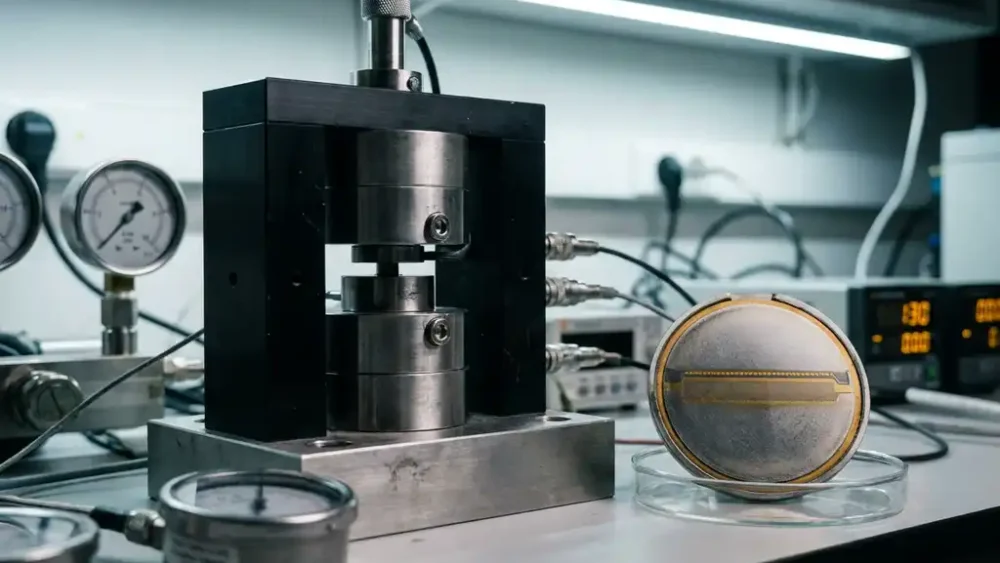 Precision force test cell on a lab bench beside a cross-sectioned anode disc showing microscopic expansion layers on the electrode surface.