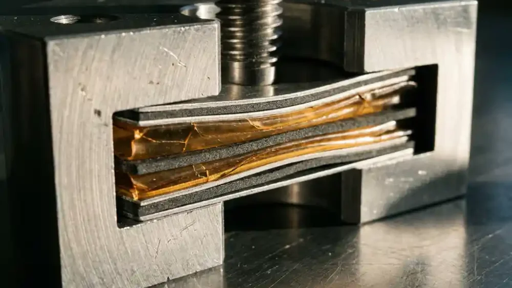 Cross-sectioned cylindrical battery test cell under mechanical compression, showing stressed electrolyte membrane layers between metallic electrode plates on a steel lab bench.