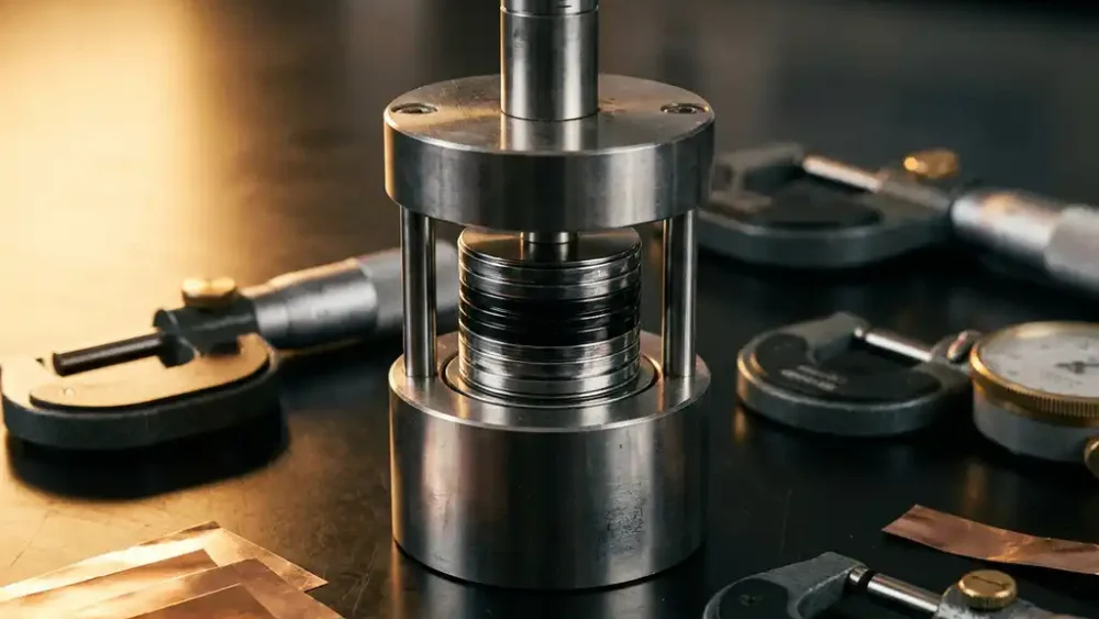 Stainless steel piston compressing an electrode stack inside a cylindrical battery test cell, with micrometer gauges and copper foil samples on a lab bench.