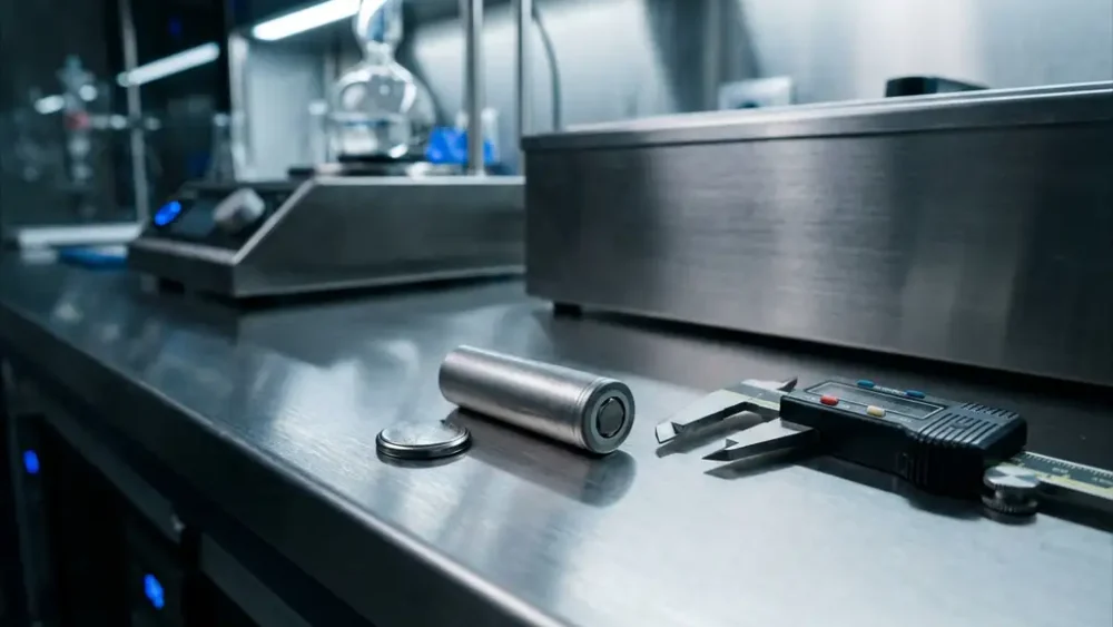 Coin cell and pilot-scale cylindrical battery beside precision calipers on a polished steel lab bench, illustrating battery scale-up research.