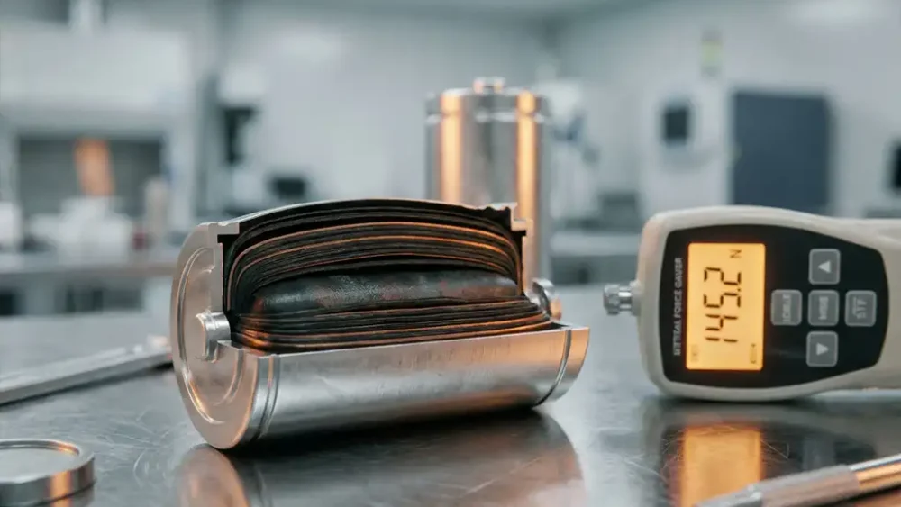 Cross-sectioned cylindrical battery test cell with swelling electrode stack pressing against metal casing, digital force gauge on steel lab bench.