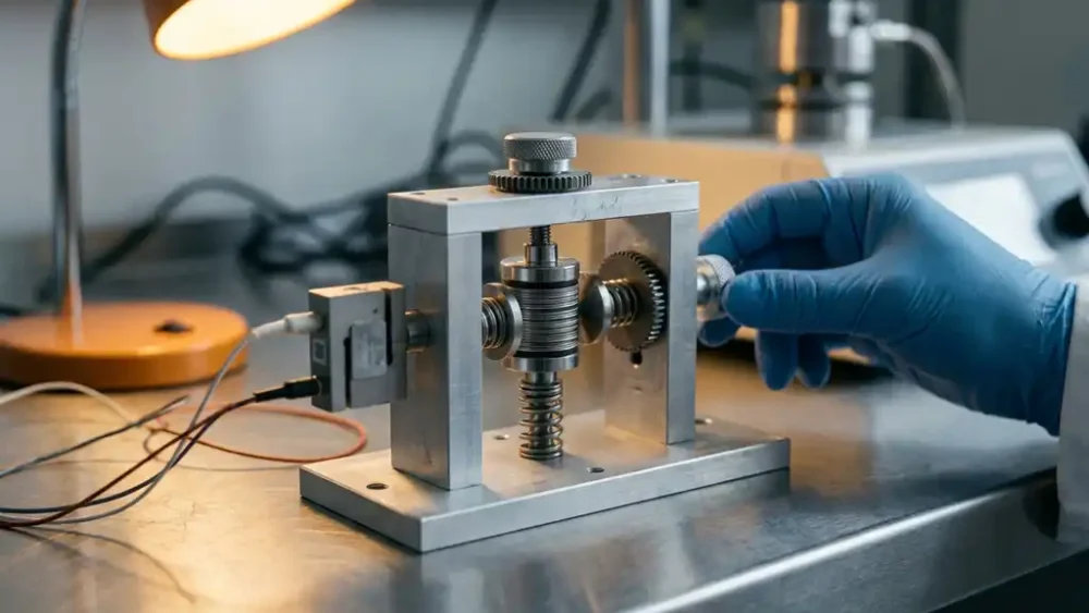 Gloved researcher adjusting a precision force test cell clamped over a cylindrical battery electrode stack on a stainless steel lab bench.
