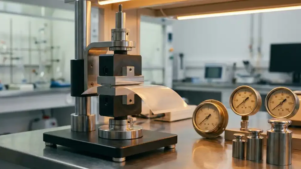 Precision force test cell clamping a thin solid-state battery separator on a polished stainless steel lab bench with pressure gauges and calibration weights.