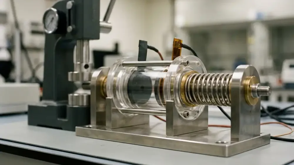 Precision battery test cell clamped in a stainless steel fixture under a mechanical press with calibrated spring assembly for dynamic load testing.