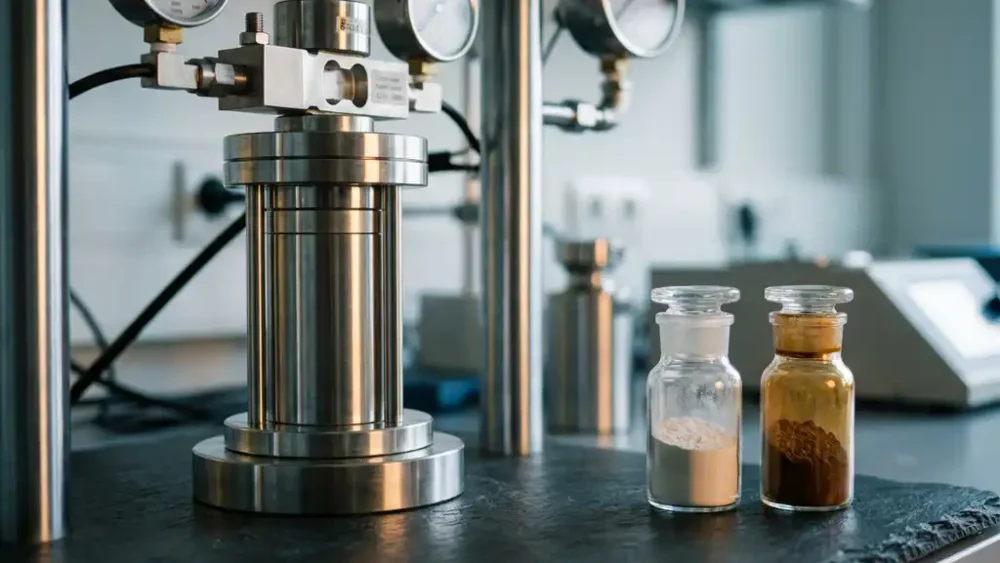 Stainless steel cylindrical battery test cell under laboratory press pressure, flanked by oxide and sulfide powder samples in glass vials.