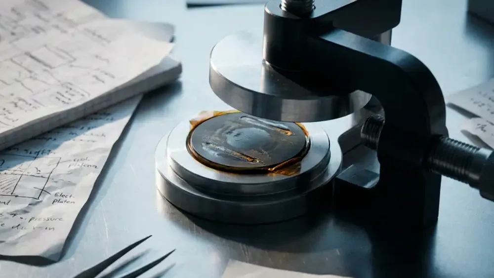 Battery test cell clamped between polished steel platens, top platen lifted to reveal uneven pressure across circular electrode surface in laboratory setting.