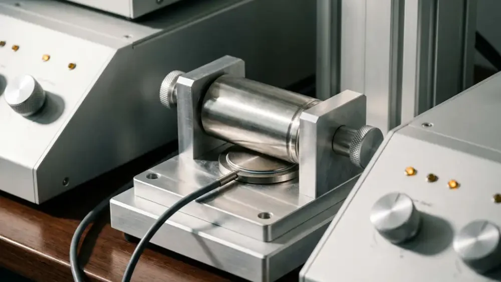 Stainless steel cylindrical battery test cell secured in aluminum laboratory fixture with embedded pressure sensor on polished bench.
