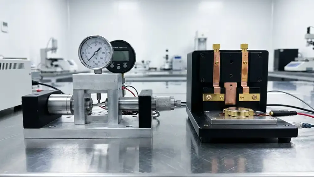 Precision force test cell beside a battery test fixture on a stainless steel lab bench, with pressure gauges and electrode contacts in sharp detail.