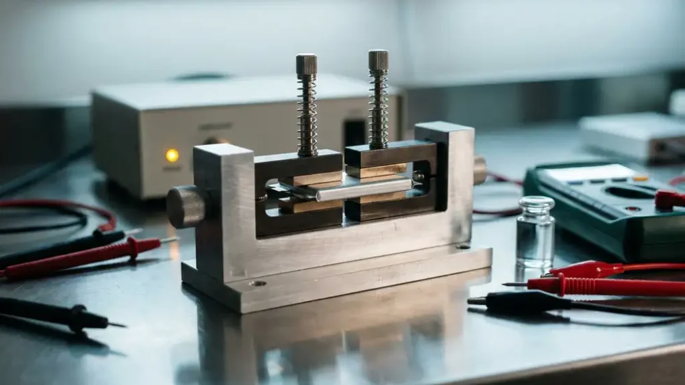 Precision battery test fixture clamped around a solid-state cell on a steel lab bench, with misaligned contacts and scattered measurement probes nearby.