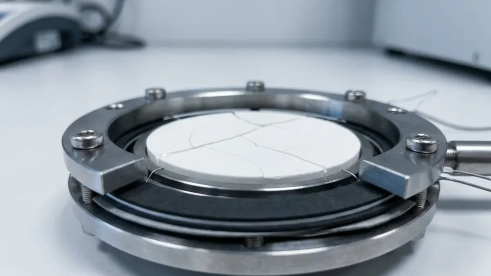 Cracked ceramic solid-state electrolyte disc inside an open lab test cell with stainless steel components and thin electrode layers.