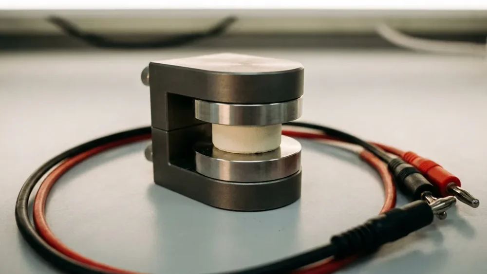 Ceramic solid-state electrolyte pellet clamped between polished stainless steel electrodes in a lab impedance test cell with measurement cables.