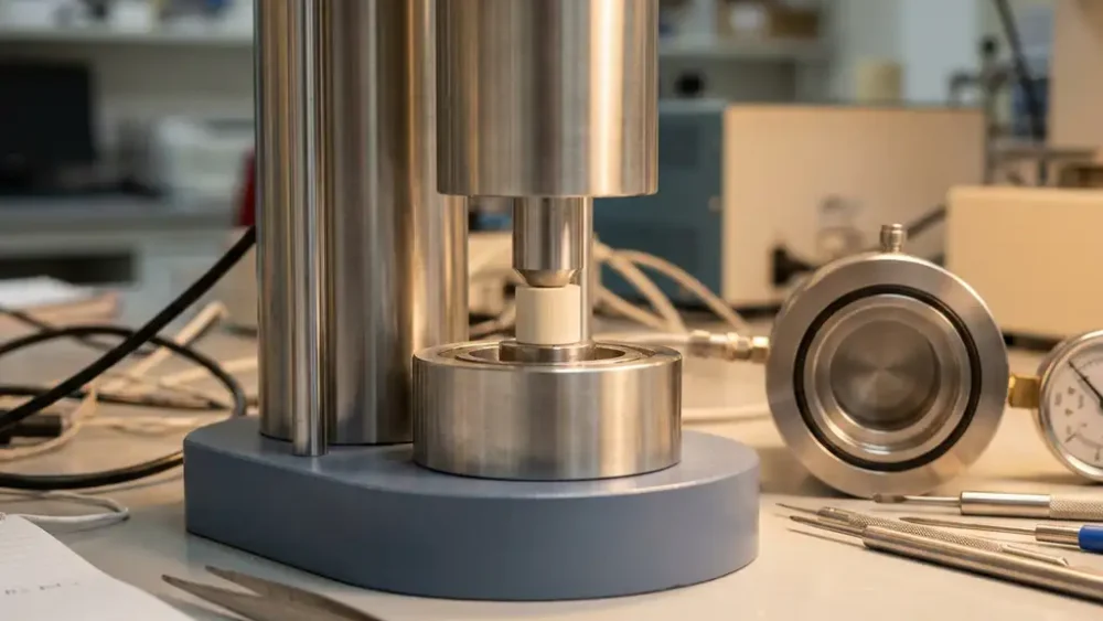 Precision lab cylinder pressing a ceramic pellet inside a polished stainless steel test cell, second pressure chamber visible nearby.