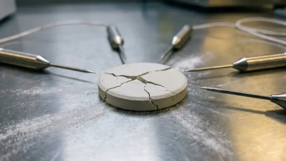 Cracked solid-state battery pellet on a steel lab surface with misaligned measurement probes and scattered white ceramic powder.