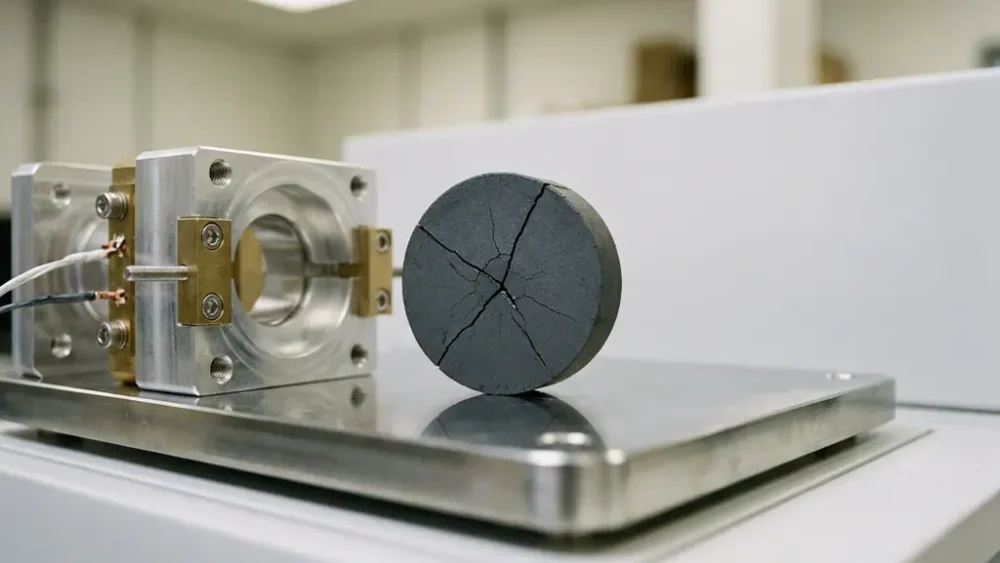 Cracked solid-state battery pellet on stainless steel lab surface, fracture lines radiating from center, partial test cell fixture nearby.