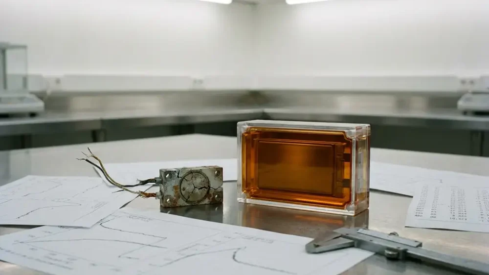 Cracked force sensor beside a solid-state battery test cell on a lab bench, with inconsistent data printouts and a precision caliper nearby.