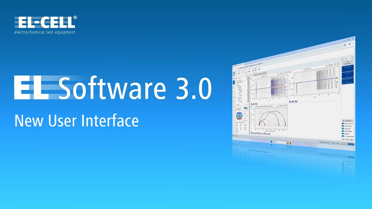 Promotional slide: EL-CELL logo on a blue gradient background, text 'EL Software 3.0' and 'New User Interface', with a tilted software screenshot on the right.