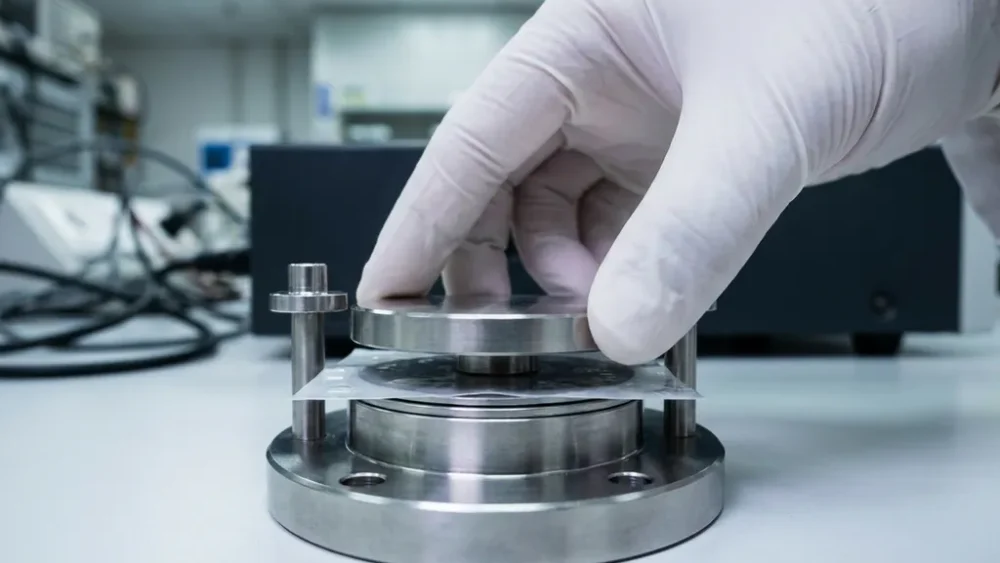 Gloved researcher pressing an electrode disc into a stainless steel battery test cell with a visible electrolyte-soaked separator on a lab bench.