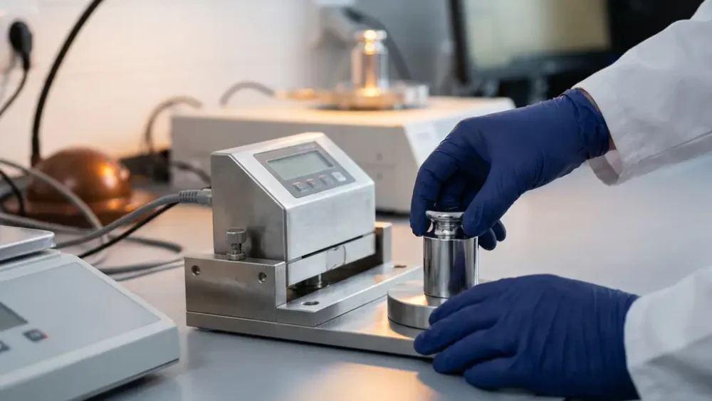 Gloved technician adjusting a calibration weight beside a precision force test cell mounted in a stainless steel laboratory fixture.