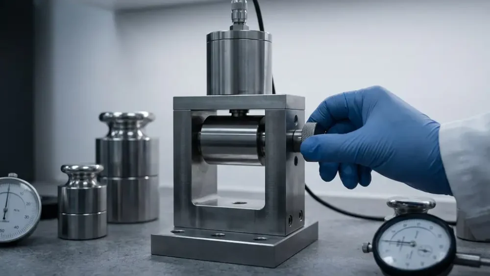 Gloved researcher adjusting a precision force test cell in a stainless steel lab fixture with calibration weights and measurement gauges.