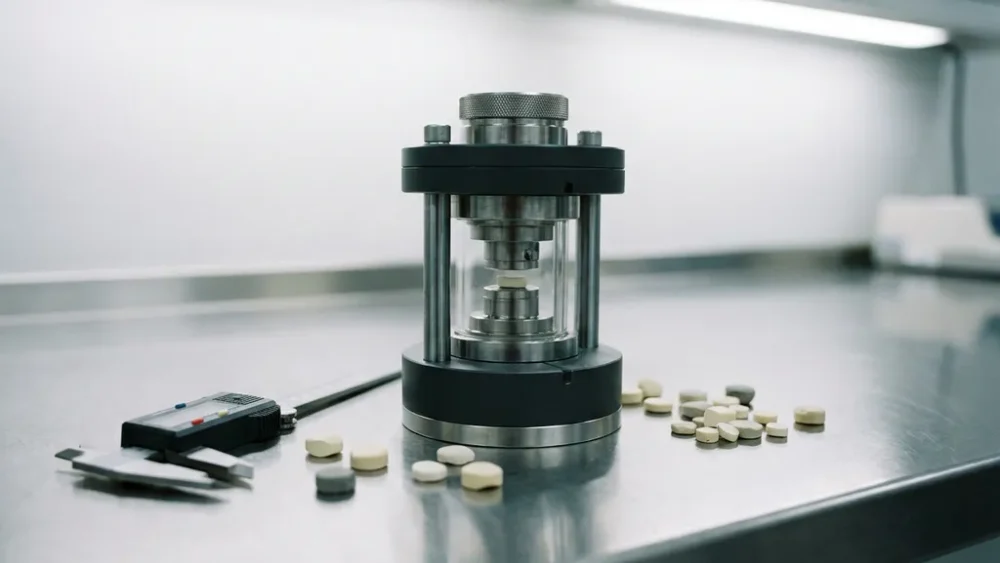Precision force test cell on polished stainless steel bench surrounded by ceramic solid electrolyte pellets, with caliper for exact measurement.