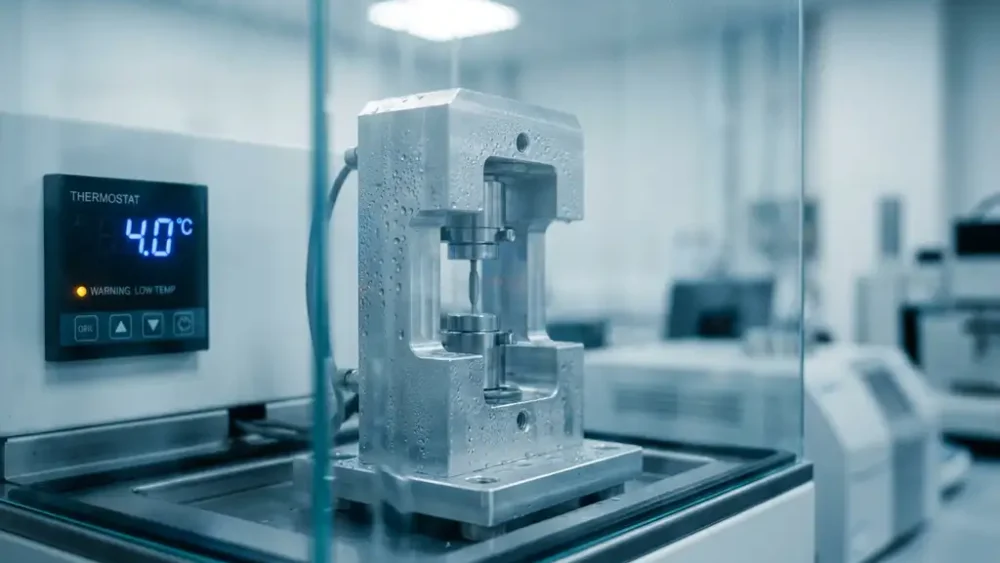 Precision force test cell inside a temperature-controlled chamber, condensation on metallic housing, digital thermostat gauge visible nearby.