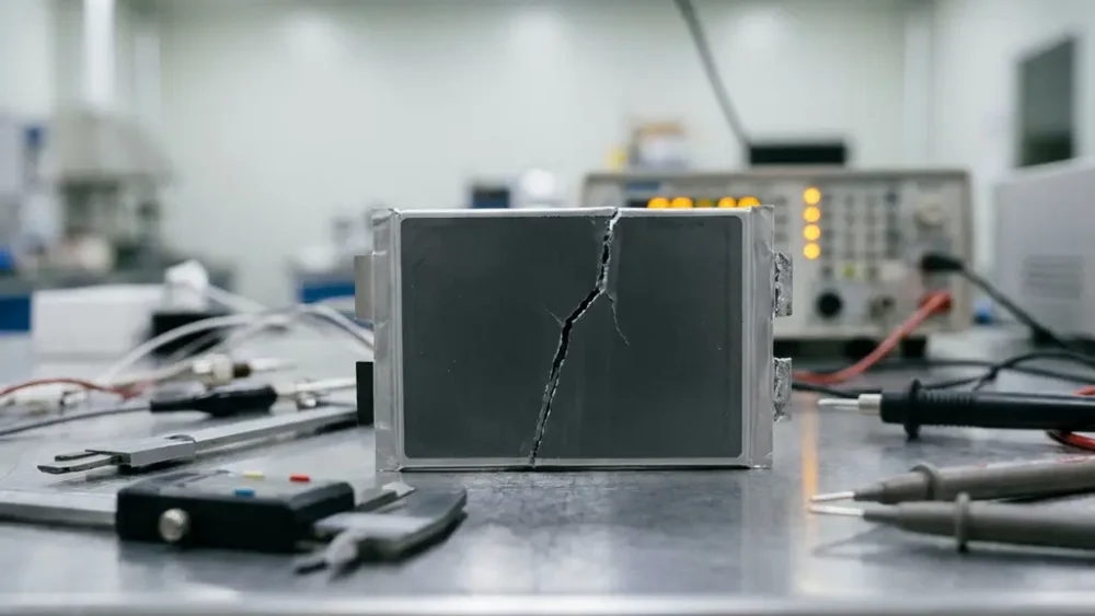 Fractured solid-state battery cell split along a hairline crack on a steel lab bench, surrounded by precision mechanical testing instruments.