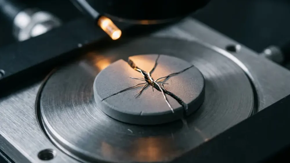 Fractured solid-state electrolyte pellet under laboratory microscope with lithium dendrite filaments branching through a hairline crack on a stainless steel test cell.