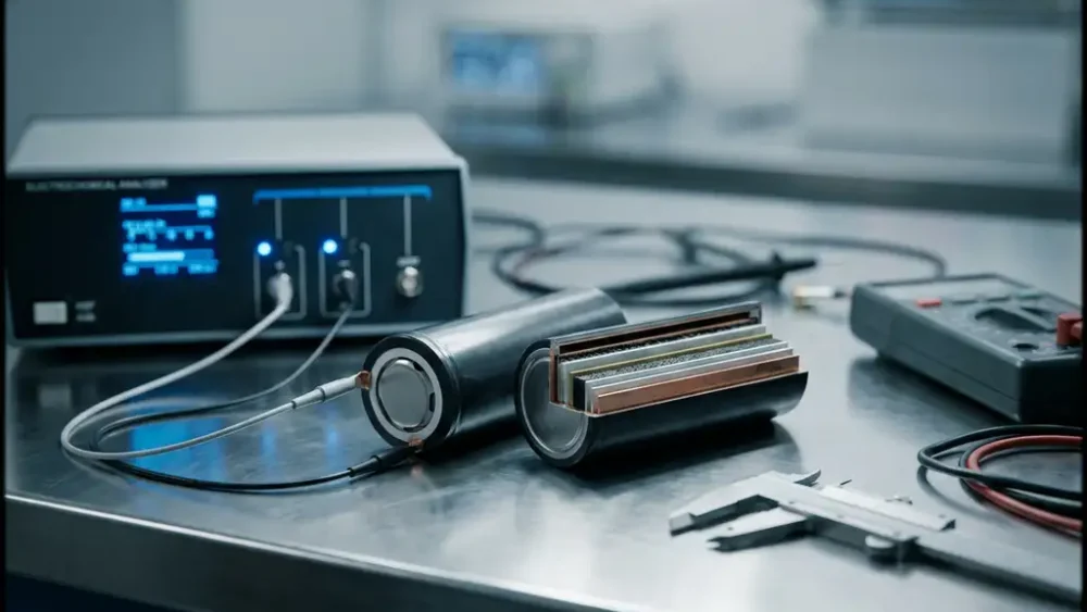 Cross-sectioned lithium-ion battery cell on a steel lab bench, revealing internal electrode layers beside precision calipers and electrochemical test probes.