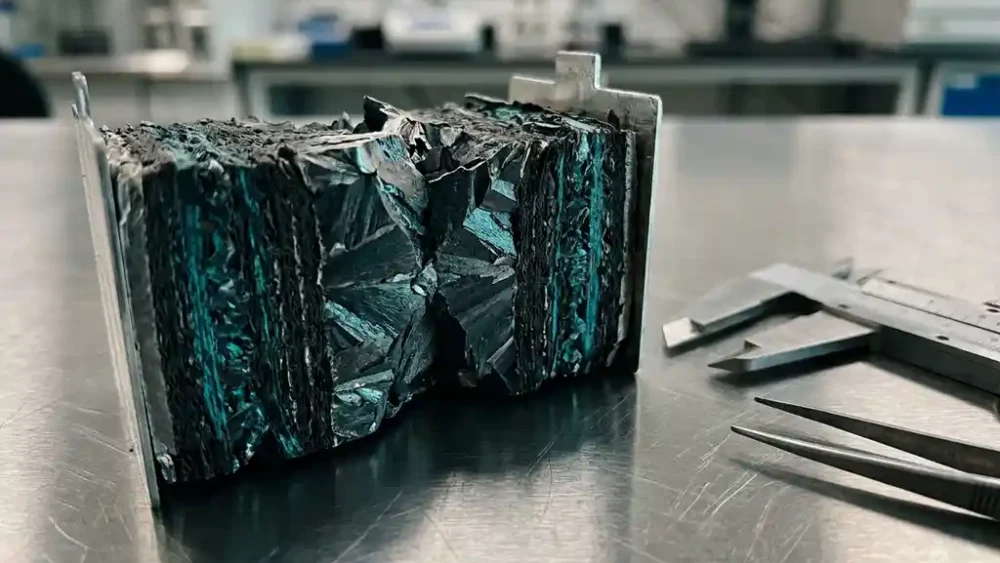 Fractured lithium-ion battery electrode cross-section showing crystalline grain boundaries and layered material structures under macro laboratory lighting.