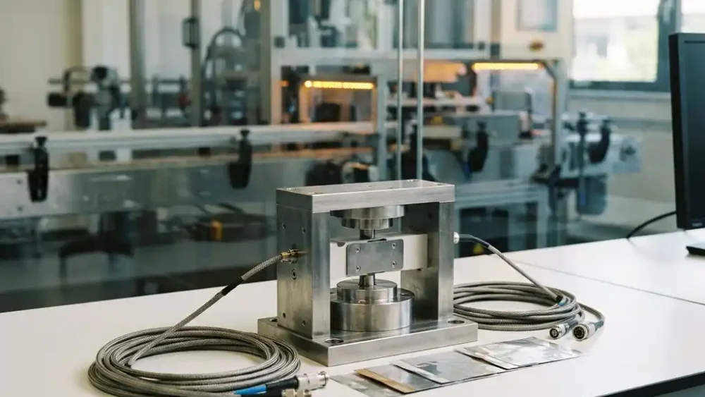 Precision force test cell clamped in stainless steel lab fixture with electrode sheets and measurement cables, pilot production line visible through background window.