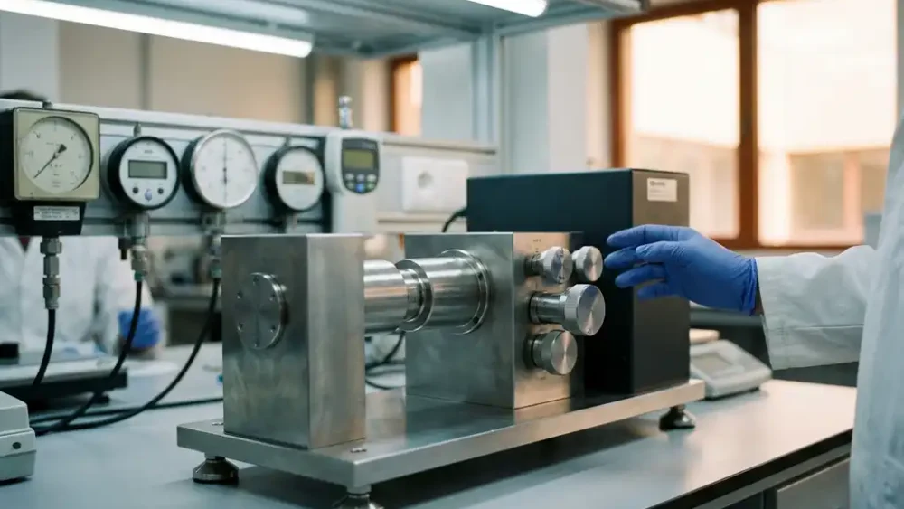 Lab scientist wearing blue gloves adjusts a metal precision instrument on a bench, with pressure gauges in the background.