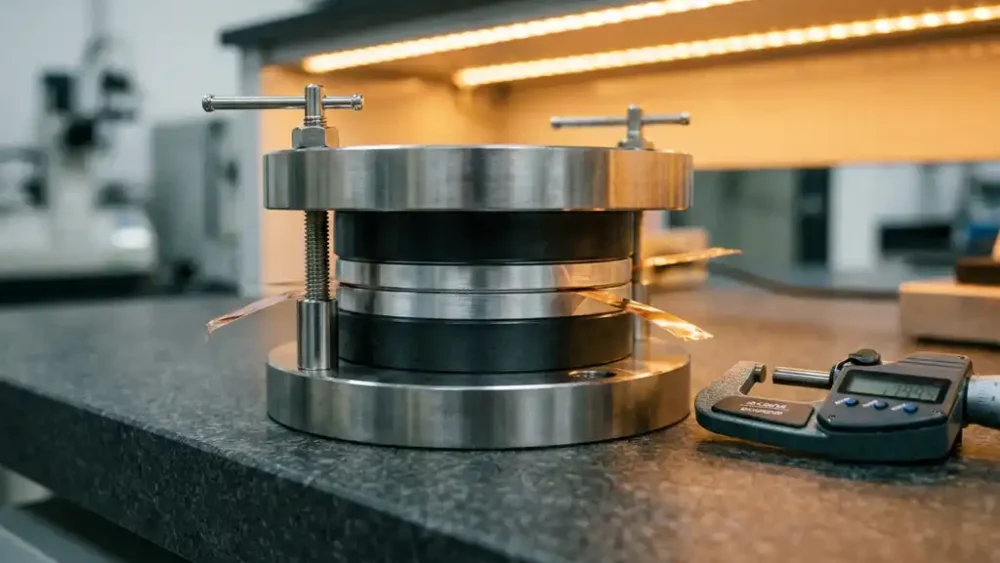 Precision lab battery test cell clamped between polished steel platens on a granite workbench, copper current collector foils and digital micrometer visible nearby.