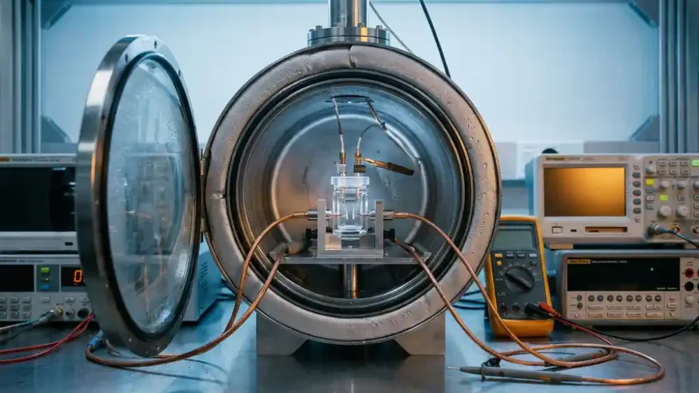 Precision laboratory test cell inside an open temperature-controlled chamber with copper electrode contacts, condensation on interior walls.