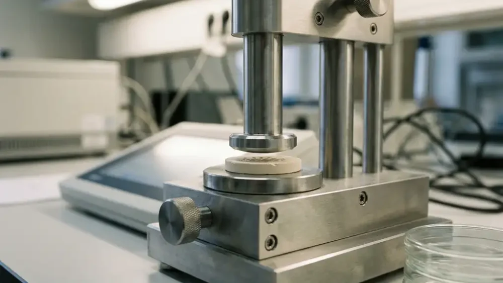Force test cell compressing a solid electrolyte disc, showing microscopic surface deformation under load in a laboratory setting.
