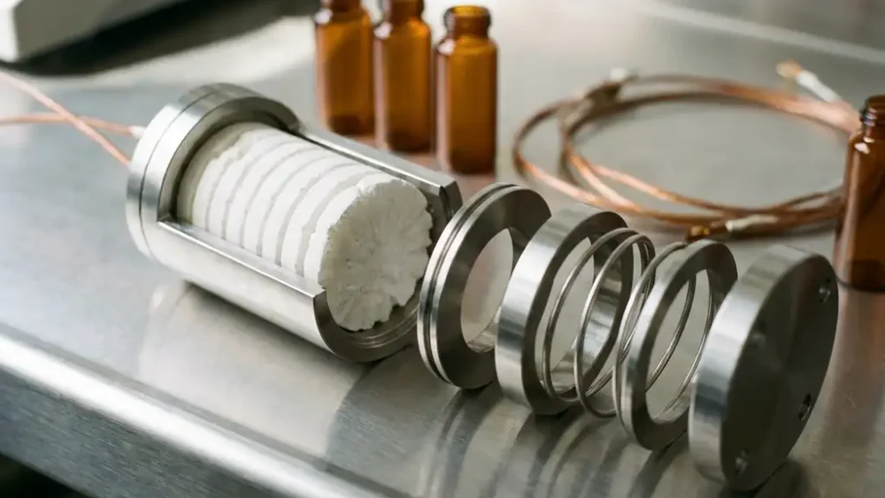 Split-open cylindrical solid-state battery test cell exposing ceramic solid electrolyte discs on a polished steel laboratory bench.