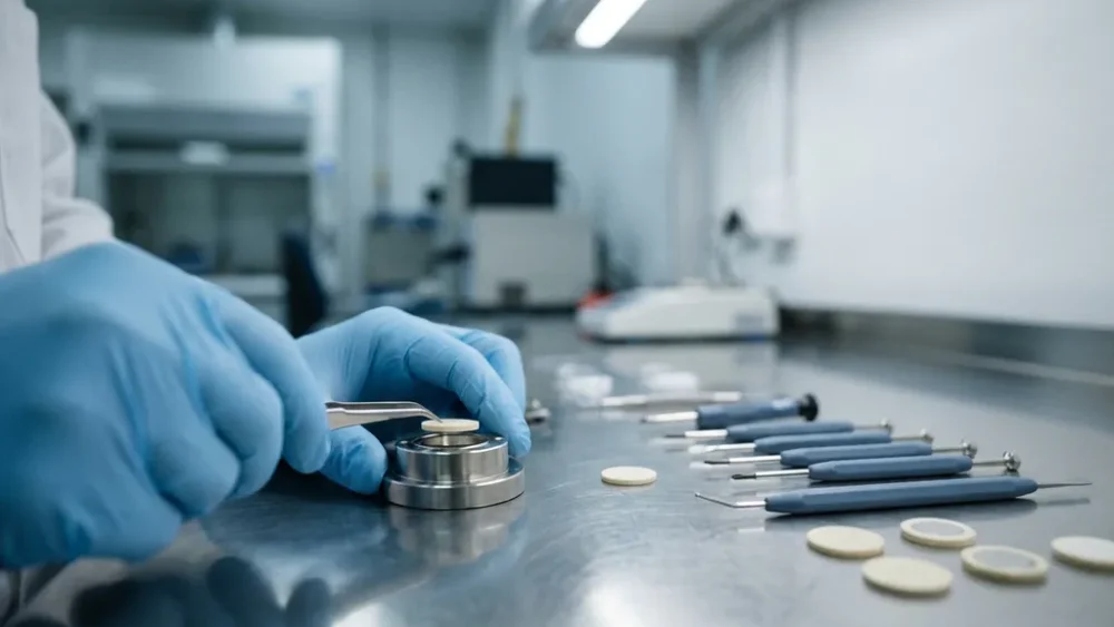 Gloved researcher assembling a solid-state battery test cell, with ceramic electrode discs and precision tools on a stainless steel lab bench.