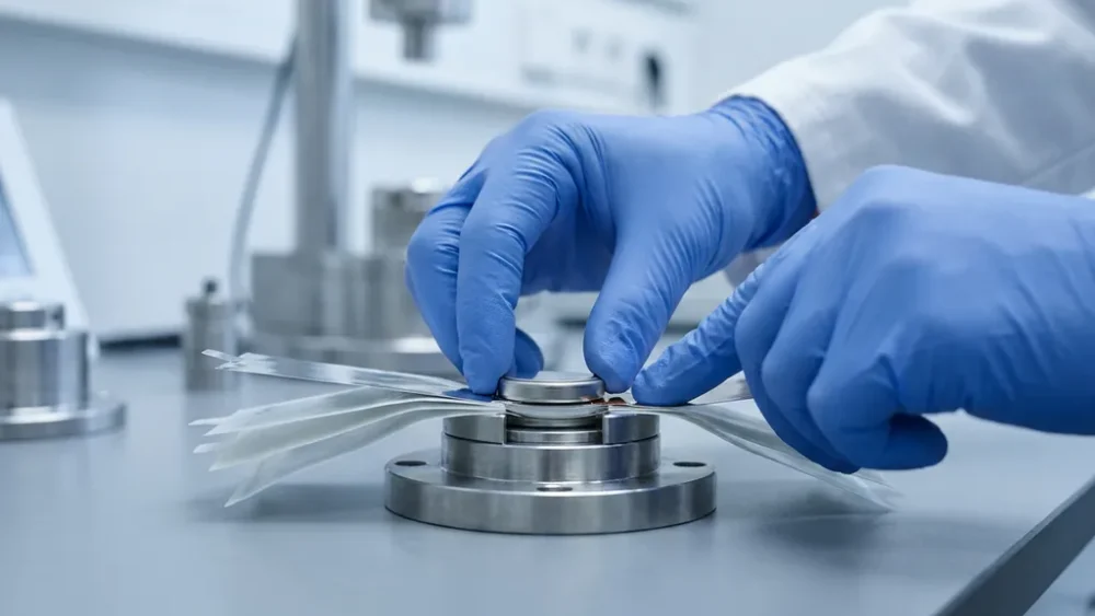 Gloved researcher pressing a coin-sized solid-state battery cell into a stainless steel test fixture, with ceramic separator layers and metallic electrodes visible.