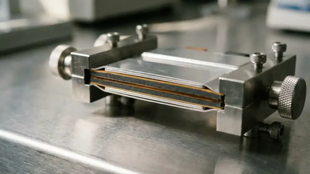Cross-sectioned solid-state battery cell in a lab test fixture, revealing thin-film solid electrolyte layers clamped between stainless steel electrodes.
