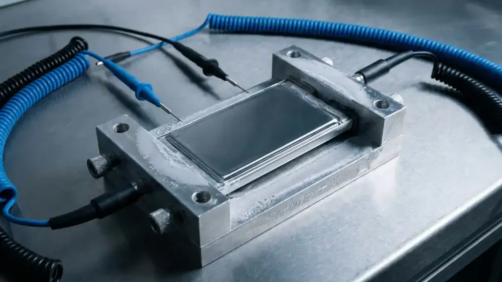 Solid-state battery cell clamped in a lab test fixture with electrochemical probes and cables on a stainless steel workbench under dramatic directional lighting.