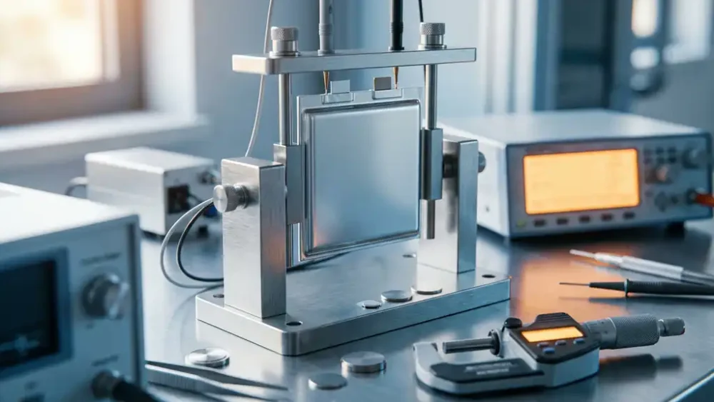 Solid-state battery cell clamped in a stainless-steel test fixture on a lab bench, surrounded by electrode samples and calibration tools.