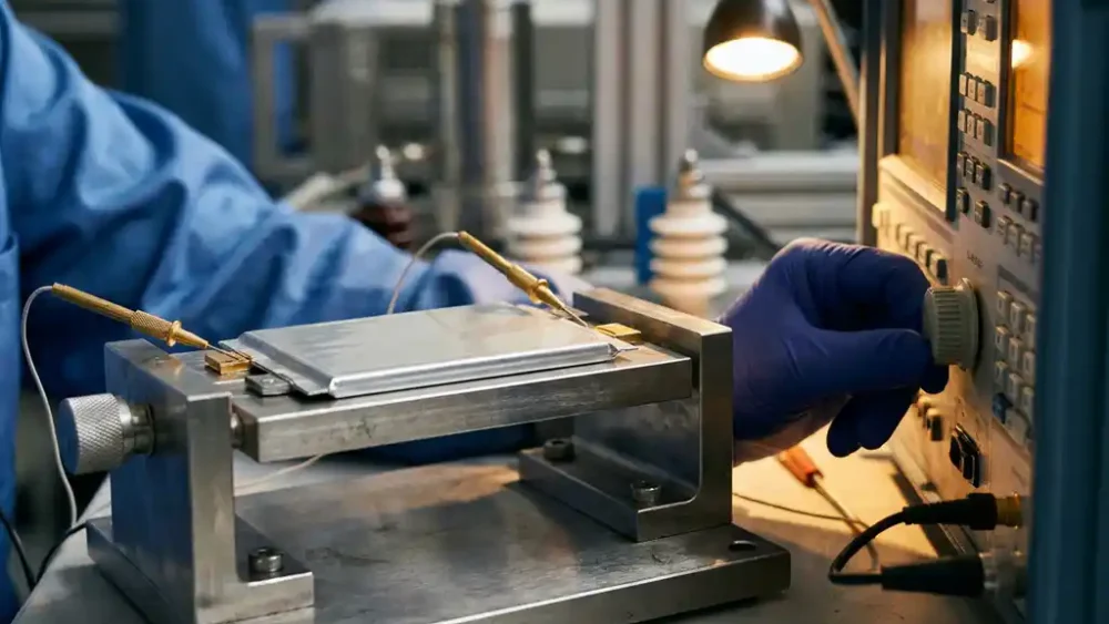 Solid-state battery cell secured in a stainless steel test fixture, with measurement probes and a gloved researcher adjusting calibration controls in a lab.