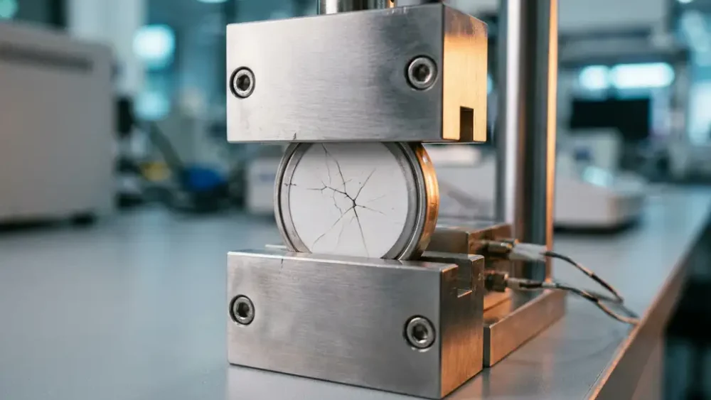 Fractured solid-state battery cell clamped in a stainless steel force test fixture, hairline cracks visible across the ceramic electrolyte surface under compression.