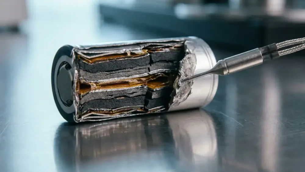 Fractured solid-state battery cell cross-section on polished steel, internal compressed layers visible with precision force sensor probe at edge.