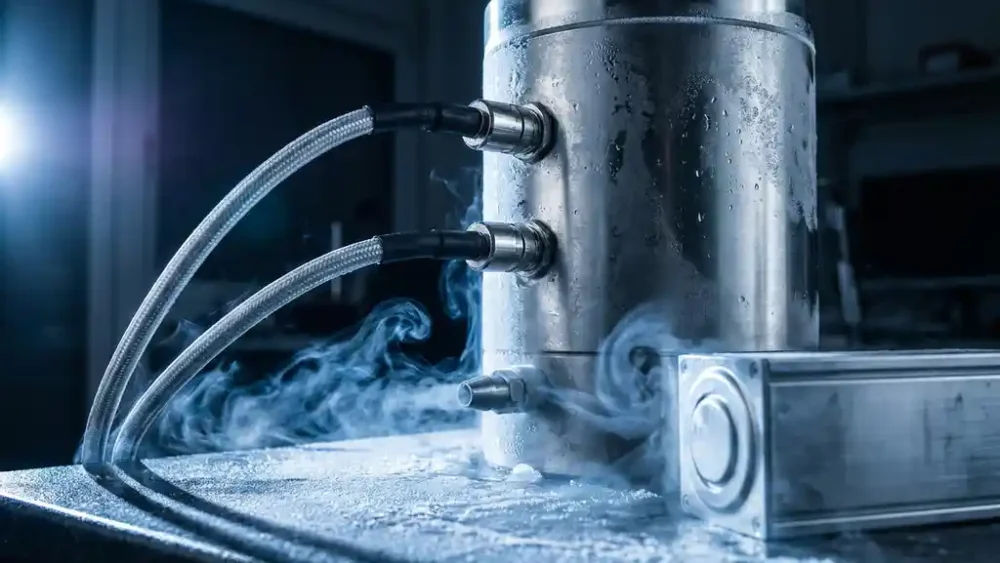 Cylindrical solid-state battery test cell in a frost-covered steel chamber with liquid nitrogen vapor curling around precision electrode terminals.