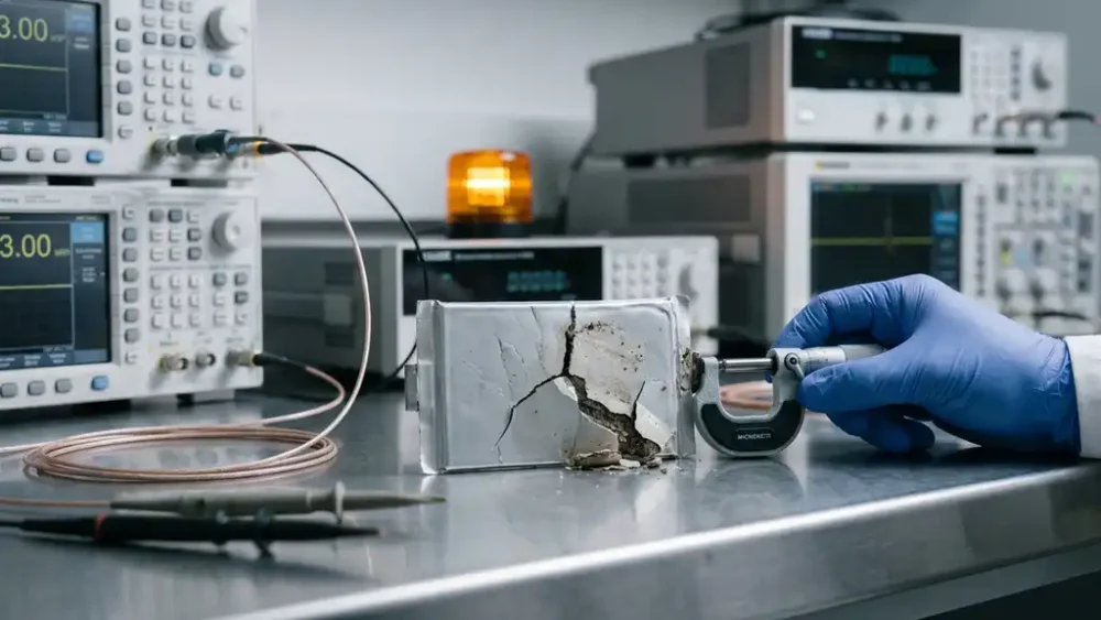 Cracked solid-state battery cell on a stainless steel lab bench, with a gloved hand holding a micrometer gauge and precision test equipment nearby.