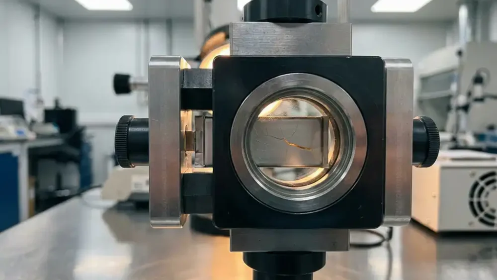 Precision force test cell clamping a solid-state battery prototype, fractured ceramic electrolyte visible through glass viewport on a steel lab bench.