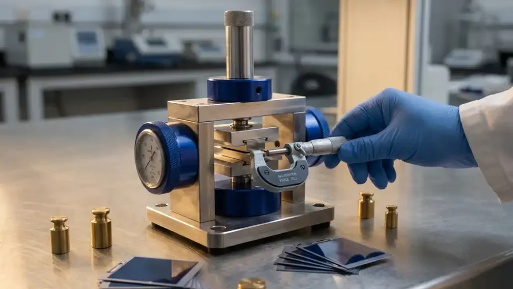 Precision force test cell beside thin-film solid-state battery wafers and calibration weights, researcher's gloved hand adjusting a micrometer on a steel workbench.