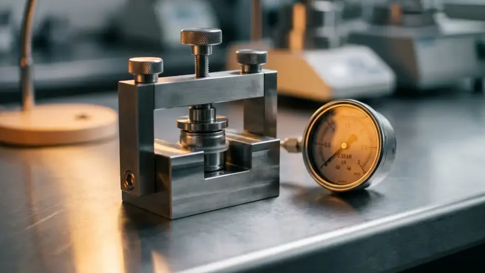 Precision lab clamp applying pressure to a cylindrical solid-state battery test cell in a stainless steel fixture, with pressure gauge visible nearby.