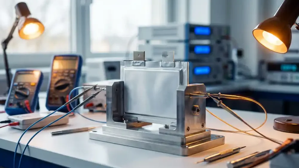 Solid-state battery cell secured in a stainless-steel test fixture, surrounded by measurement probes and calibration instruments in a research laboratory.