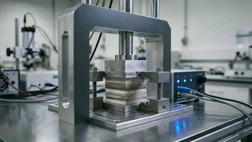 Precision mechanical press applying uniaxial force to solid-state battery test cells on a polished steel lab workbench.